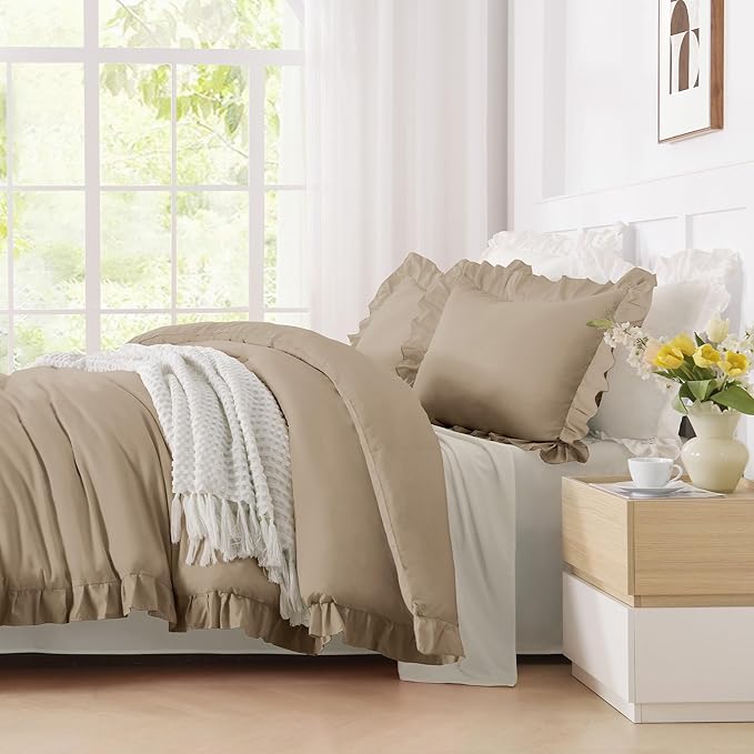 Andency Taupe King Comforter Set(104x90Inch), 3 Pieces(1 Ruffle Comforter and 2 Pillowcases) Lightweight and Fluffy Bedding Comforter Set, All Season Soft Microfiber Shabby Chic Bedding Set