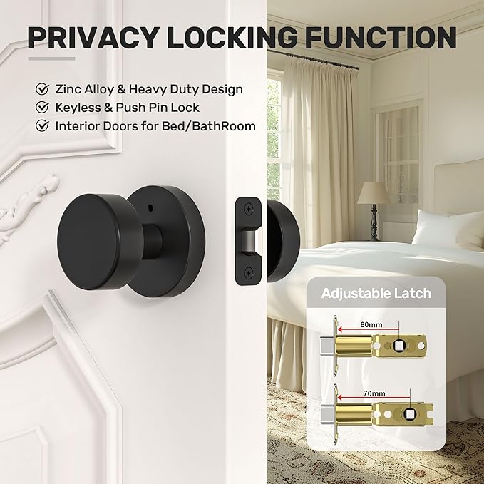 Matte Black Door Knobs Interior Black Privacy Door Knob with Lock, Heavy Duty Round Vintage Door Handle for Bedroom Bathroom