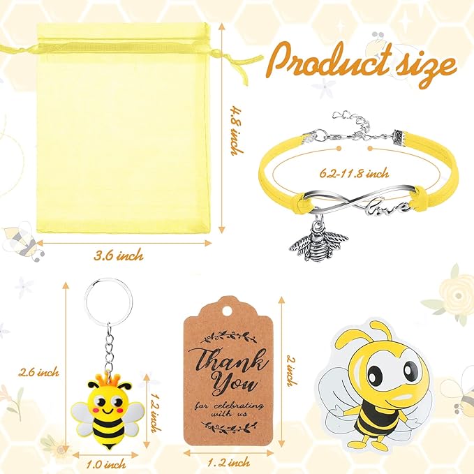 130 Pcs Bee Party Favors Including Bee Keychains Adjustable Bee Bracelets PVC Bee Print Stickers Thank You Kraft Tags Organza Bags for Birthday Summer Party Wedding School Reward