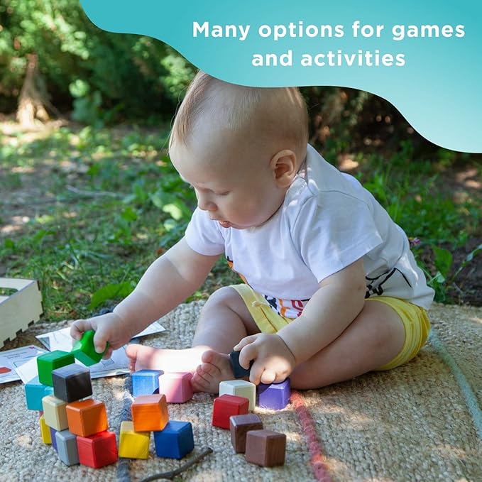 Ulanik Small Colored Cubes Toddler Montessori Toys for 3 Year Old + Kids Wooden Building Blocks Game for Learning Color Sorting and Counting — 40 pcs, 1.2 in
