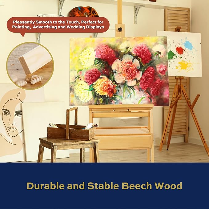 Large Adjustable Beech Wood Painting Easel with Storage Drawer (60"~74" H), Holds up to 36", Art Easel for Adults Artist Beginners Students