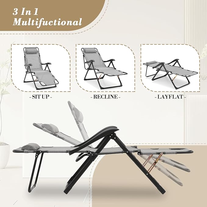 Athena Collection Zero Gravity Outdoor Lounge Chair Recliner, 27" Width Reclining Pool Lounge Lawn Chairs with Headrest and Curved Armrest, Outdoor Chaise for Beach Patio Backyard Outside, Grey