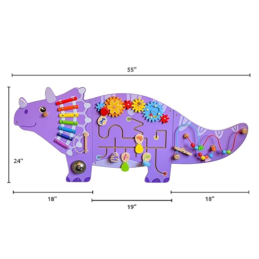 SPARK & WOW Triceratops Activity Wall Panels - Ages 18m+ - Montessori Sensory Toy - 8 Activities - Busy Board - Toddler Room Décor