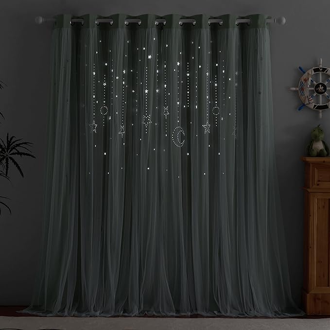 NICETOWN Nrsery Curtains for Girls Bedroom Nursery Room Darkening Curtains Star Moon Cutout Princess Room Decor for Daughter Bedroom Window, 52" Wide x 84" Long, 2 Panels, Sage Green