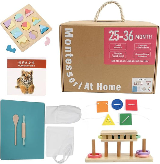 Montessori Toys for1 Year Old，25-36 Months, 5 in 1 Learning Educational Set Wooden Toys (Includes Guess who I am,Lacing, Baking Set, Land and Sky Two-Part Puzzle Board,Ring Slide)