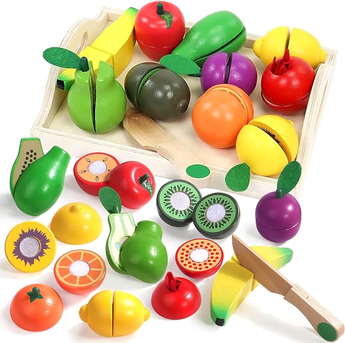 Fajiabao Wooden Play Food Set for Kids Kitchen Montessori Toddlers Toys 1-3 Pretend Cutting Fruit Educational Birthday Gifts for Girls Boys 2 3 4 Year Old