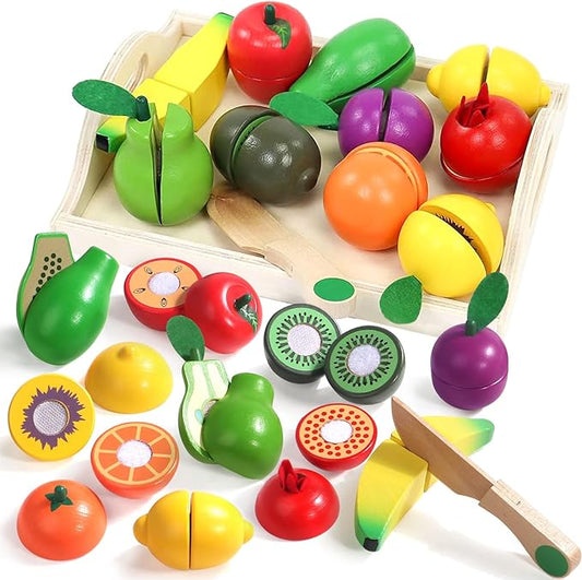 Fajiabao Wooden Play Food Set for Kids Kitchen Montessori Toddlers Toys 1-3 Pretend Cutting Fruit Educational Birthday Gifts for Girls Boys 2 3 4 Year Old