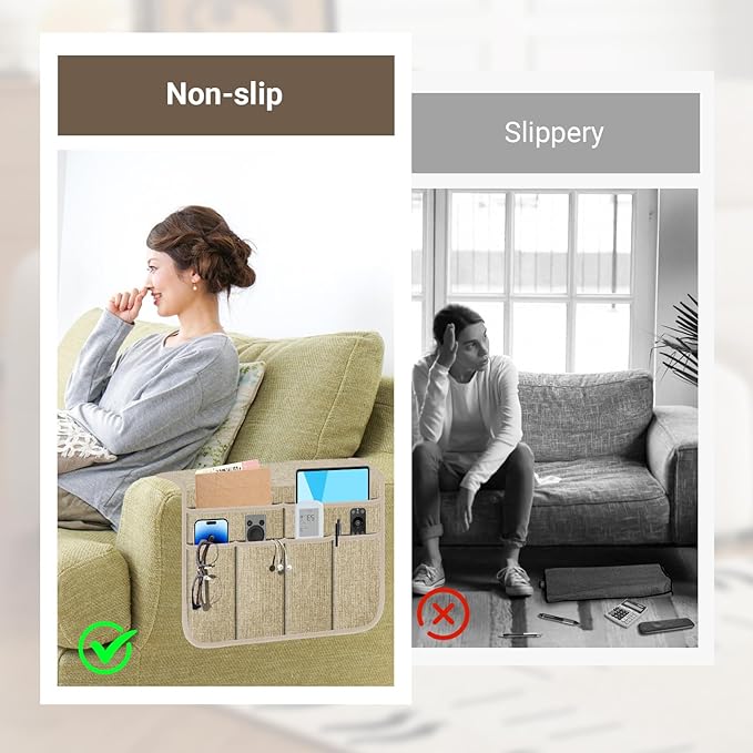 Armchair Caddy & Remote Control Holder for Couch & Recliner | Non-Slip Armrest Organizer with 6 Pockets for TV Remote, Phone, Tablet, Magazine & More, 19 x 35 Inches, Beige