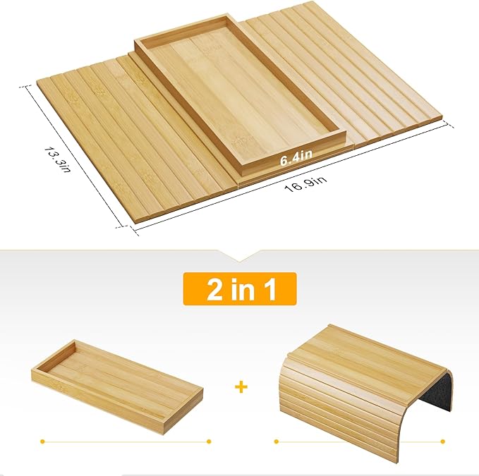 Bamboo Sofa Armrest Tray Table for Couch - 2-in-1 Couch Arm Table with Be Slide Detachable Tray- Anti-Slip Foldable Sofa Armchair Caddy for Drinks Cellphone TV Remote Snacks (Bamboo)