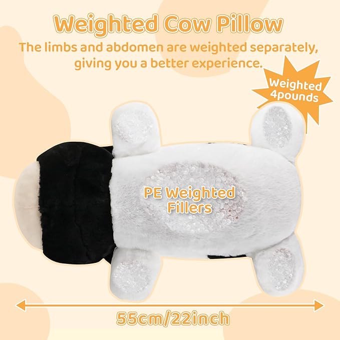 Weighted Cow Plush Pillow – 22-Inch, 4 lbs Heavy Stuffed Animal Toy, Soft & Cute, Calming & Stress Relief, Real Hug, Sleep Companion, Birthday Gift & Travel Companion for Kids and Adults