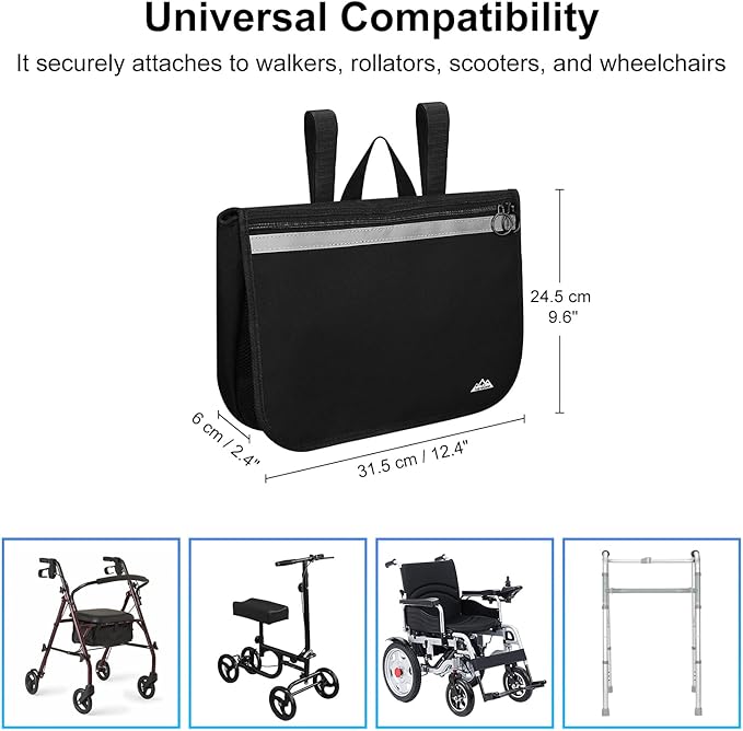 supregear Wheelchair Side Bag, Waterproof Storage Pouch for Rollator, Walkers, Power Wheelchairs and Knee Scooters - Wheelchair Armrest Bag for Elderly Seniors Portable Travel Tote