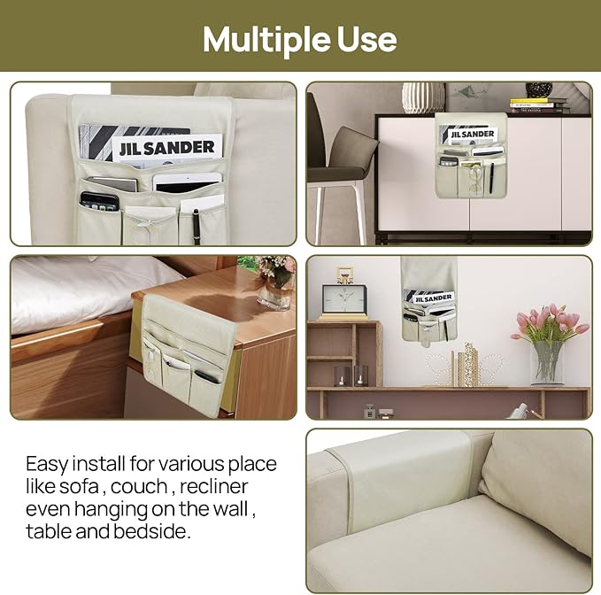 Teniux Remote Control Holder Faux Leather Armrest Organizer with 6 Pockets for Recliner Couch Sofa, Armchair Caddy for Smart Phone, Book, Magazines, Ipad, Remotes (Oyster White)