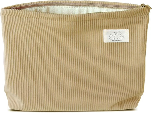 HAPPYHEIDI Cute Corduroy Pouch Makeup Bag Cosmetic Toiletry Travel, Tote Purse Organizer, Machine Washable, Large Capacity, Camel Yellow Brown