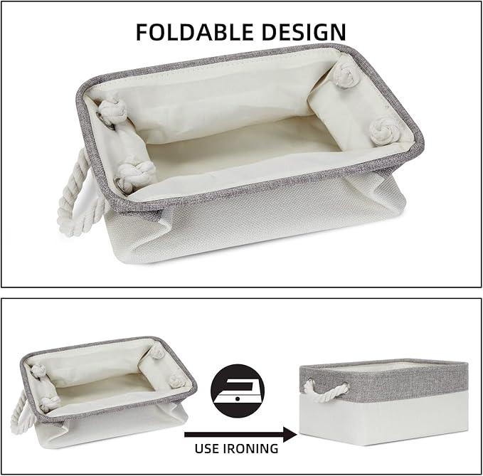 Bidtakay Small Fabric Storage Bins for Closet & Bathroom - Set of 6 Grey & White Baskets - Organizers for Pantry & Kids' Bedroom