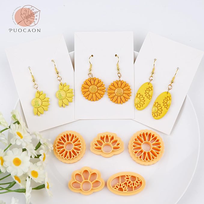 Puocaon Sunflower Clay Cutters Set - 7 Pcs Flower Clay Cutters for Jewelry Making, 3D Print Clay Earring Cutters, Floral Dangle Clay Cutters for Polymer Clay Jewelry, Retro Flower Cutters Shape