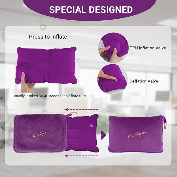 CLEXION Travel Blanket & Pillow Set, 300 GSM Soft Fleece, 60x43 Inches, 3-in-1 Airplane Blanket, Travel Pillow and Blanket Set, Travel Blanket Airplane Compact with Bag, Travel Essentials, Violet