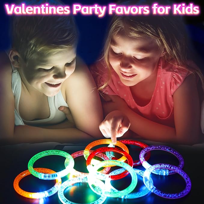 28 Pack Valentines Cards for Kids School, Glow Bracelets with Valentines Cards, Valentines Gifts for Kids Classroom, Glow in The Dark LED Bracelet Toys Party Favors, Kids Valentines Exchange Gifts