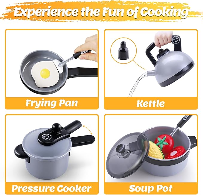 iPlay, iLearn Kids Kitchen Toy Accessories, Toddler Cooking Playset, Pretend Pots Pans Set, Girls Cookware Appliance, Child Cutting Food Utensils, Valentine's Easter Gift for 3 4 5 Years Old Boys-Gray