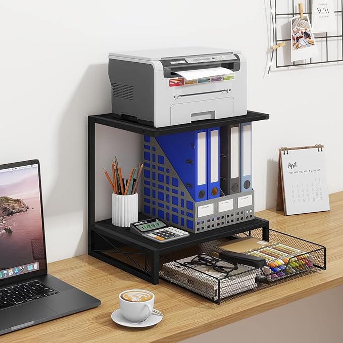 ELITEROO 2-Tier Printer Shelf with Drawers, Wooden Desk Organizer Shelf for Small Printers and Office Supplies, Desktop Storage Rack for Books, Folders, Scanner, Fax Machine, 3D Printer, Black