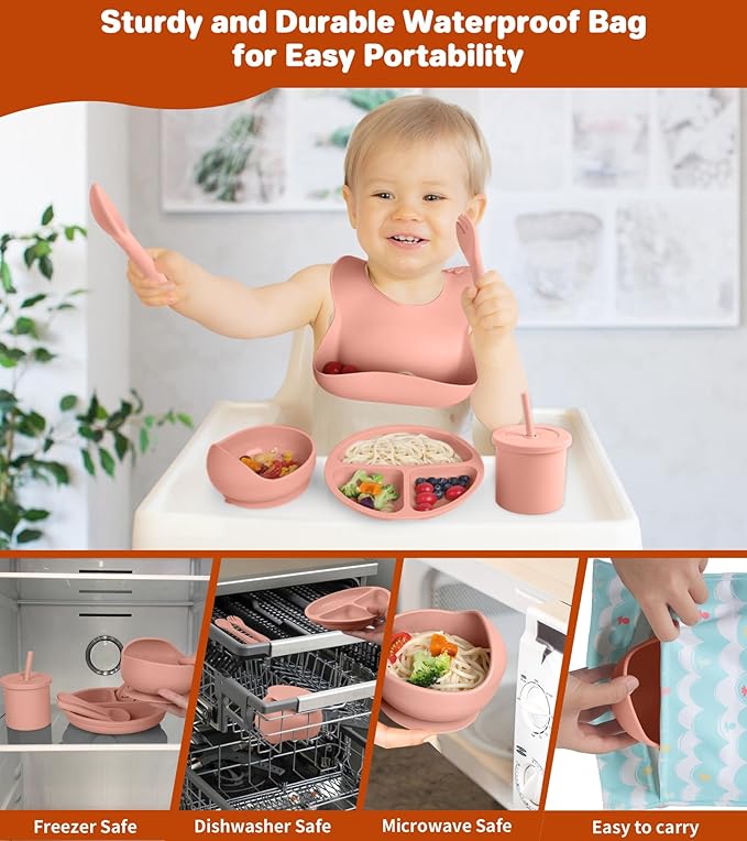 ECLIP Silicone Baby Feeding Set, 10 Pcs Baby Led Weaning Supplies with Suction Bowl Divided Plate Adjustable Bib Soft Spoon Fork Snack Cup with Lid Drinking Cup, Utensil (Brick Red)