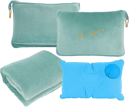 CLEXION Travel Blanket & Pillow Set, 300 GSM Soft Fleece, 60x43 Inches, 3-in-1 Airplane Blanket, Travel Pillow and Blanket Set, Travel Blanket Airplane Compact with Bag, Travel Essentials,Mint Green
