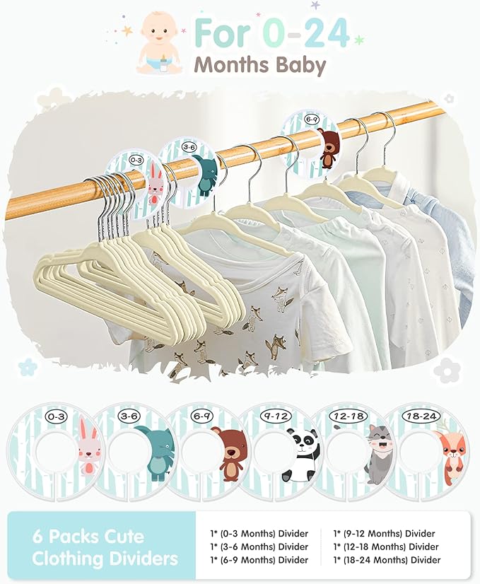 Baby Hangers, VIS'V 11 Inch Beige Velvet Kids Hangers with 6 Pcs Size Dividers Non Slip Nursery Children Closet Clothes Hangers for Infant Toddler Girls and Boys 30 Pcs