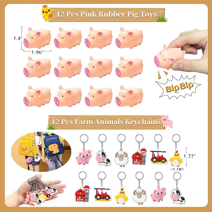 Farm Animals Party Favors Supplies 108 Pcs Birthday Party Decorations Goodie Boxes Bubble Wands Stampers Rubber Pigs Figures Keychains Pull Back Cars Slap Bracelets Stickers Toys For Kids Boys Girls