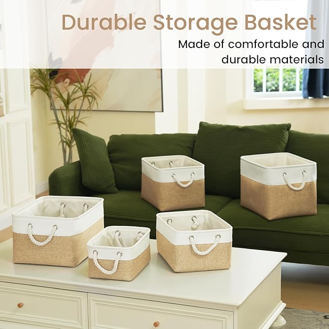 VQRTEXA Storage Baskets for Shelves 11.8x7.9x5.2 Inch, Foldable Fabric Storage Bins with Handles, Small Storage Baskets for Organizing Closet, Bathroom, Office, Home Organization (3-Pack, White&Khaki)