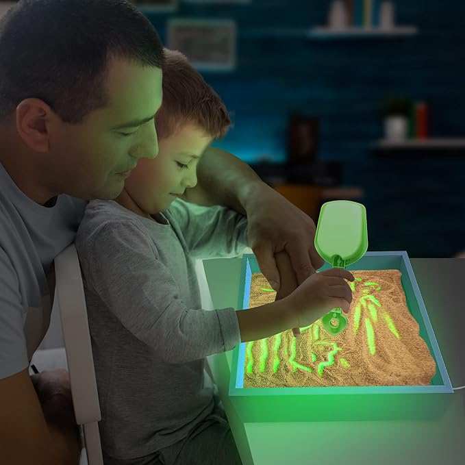 ArtCreativity Wood Sand Painting Light Box for Kids, Table LED Sandbox with 3 Light Up Modes and Sand Toys, Art Sand Animation, Relaxing Sensory Play, Exploration, Motor Skills & Learning