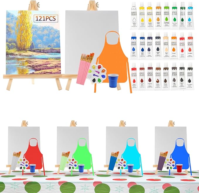 121 Pcs Art Painting Kit Supplies Set for Kids to Party - 60 Paint Brushes, 24 Acrylic Paints, 6 Wood Easels & Canvas Panels & Palettes & Aprons & Wash Pen Cup, 1 Plastic Tablecloth