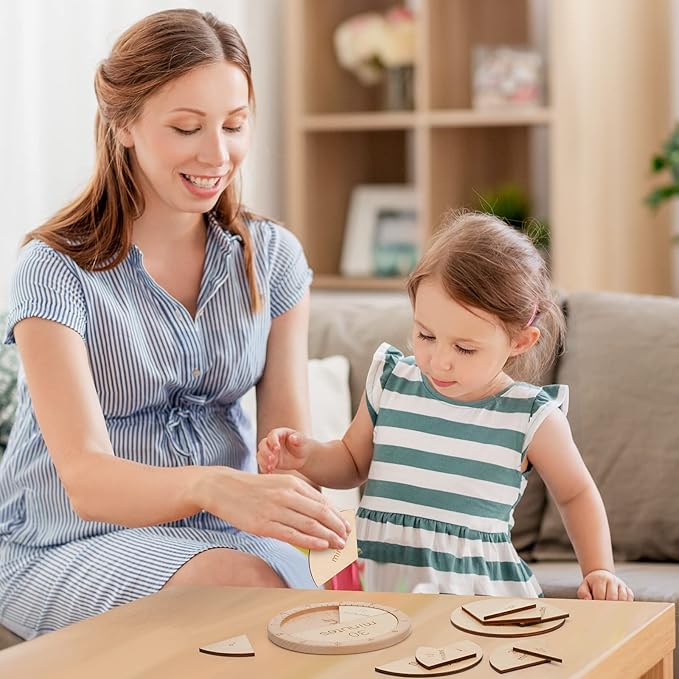 Wooden Montessori Fraction Clock Toy, Math Learning Time Teaching Materials, Set an Hour of Puzzles with Minute Tiles, Learning Clock for Kids