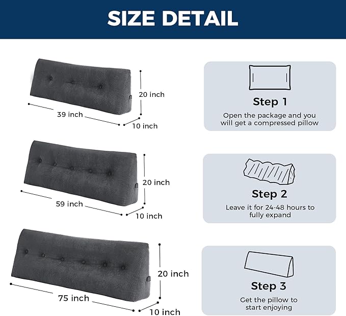 Headboard Pillow Twin, Triangle Pillows for Headboard, Head Board Backrest Wedge Pillow for Reading Sitting Working, Daybed Pillows with Removable Cover for Bed Dorm Sofa, Black