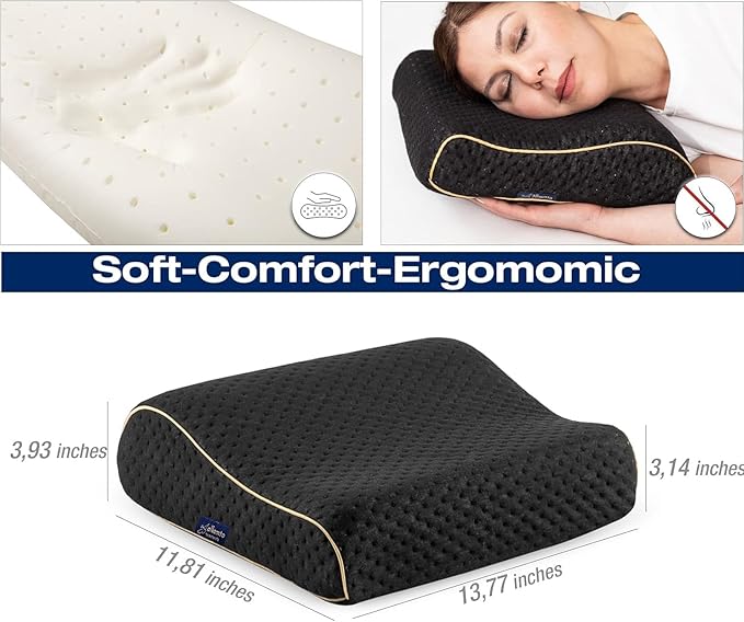alkamto Travel & Camping Comfortable Memory Foam Pillow – Easy to Carry Portable Bag – Temperature Regulating Pillow Case (Black Contour + Extra Cover)