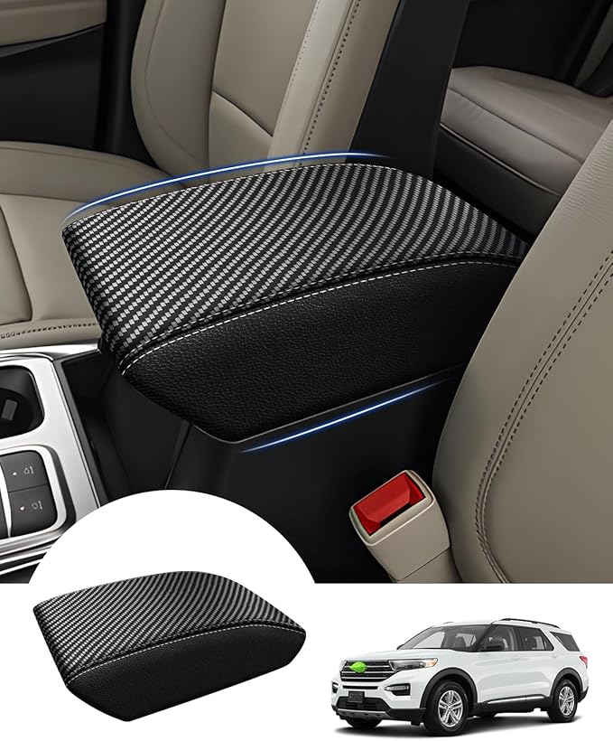 Autorder Center Console Cover for Ford Explorer 2020-2025 Accessories Armrest Cover Carbon Fiber Anti-Scratch Middle Console Pad Leather Armrest Protector