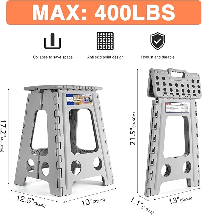 ACKO 6pack Folding Step Stool 17.5 Inch Stool 400 LB Weight Capacity Plastic Foldable Step Stools for Adults and Kids, Folding Stool Suitable for Kitchen, Stepping Stool with Handle Grey Step Stool