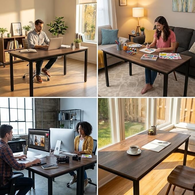 GL GLOBAL LIFE 55 inch Large Computer Desk Wood, Modern Simple Style Desk for Home Office, Bedroom, Study Student Writing Desk, Small Spaces, Black Metal Frame, Walnut Top