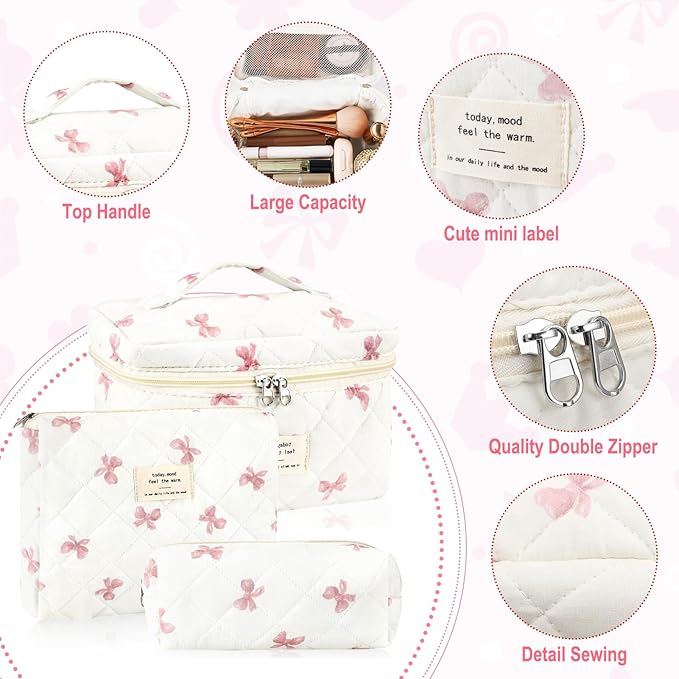 URSKYTOUS 3Pcs Cotton Quilted Makeup Bag for Women Extra Large Coquette Small Floral Travel Cosmetic Bag Set Aesthetic Cute Bow Makeup Pouch Portable Toiletry Bag Puffy Essential Storage Organizer
