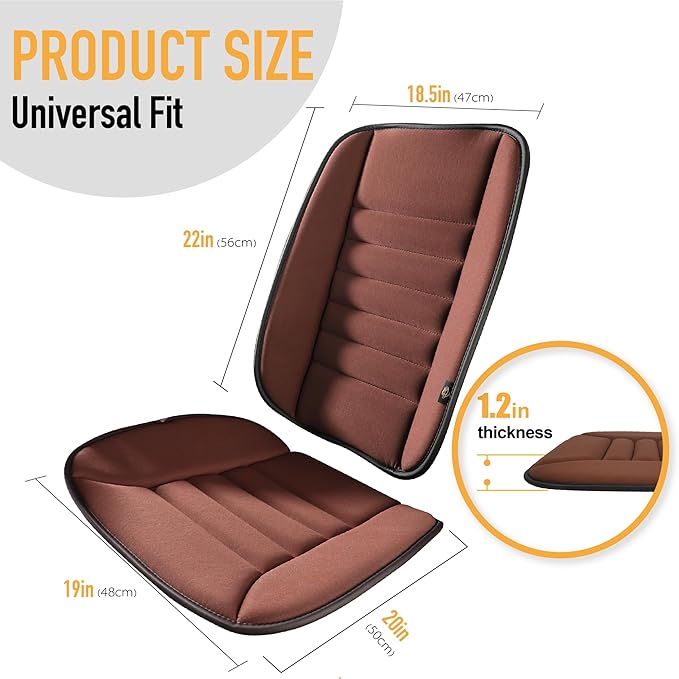 kingphenix Car Seat Cushion with Back Support Pillow: Enhanced Comfort Memory Foam Design for Pain Relief, Ideal for Drivers and Office Use - Ergonomic Lumbar Comfort for Long Sitting - Brown