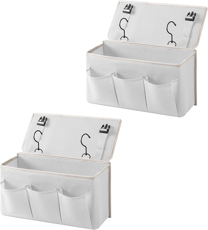 Bedside Caddy / Bedside Storage Organizer Hanging Bag with Three Options,Suitable for home beds, sofas, and dormitory beds—can hold magazines, books, phones, iPads, remote controls. (2-Pack White)