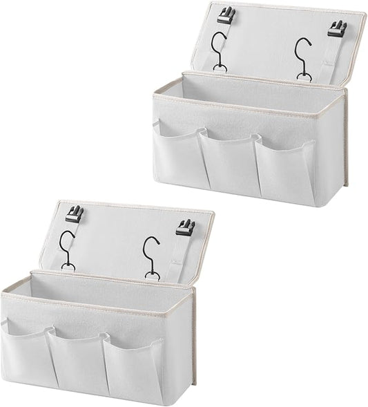 Bedside Caddy / Bedside Storage Organizer Hanging Bag with Three Options,Suitable for home beds, sofas, and dormitory beds—can hold magazines, books, phones, iPads, remote controls. (2-Pack White)