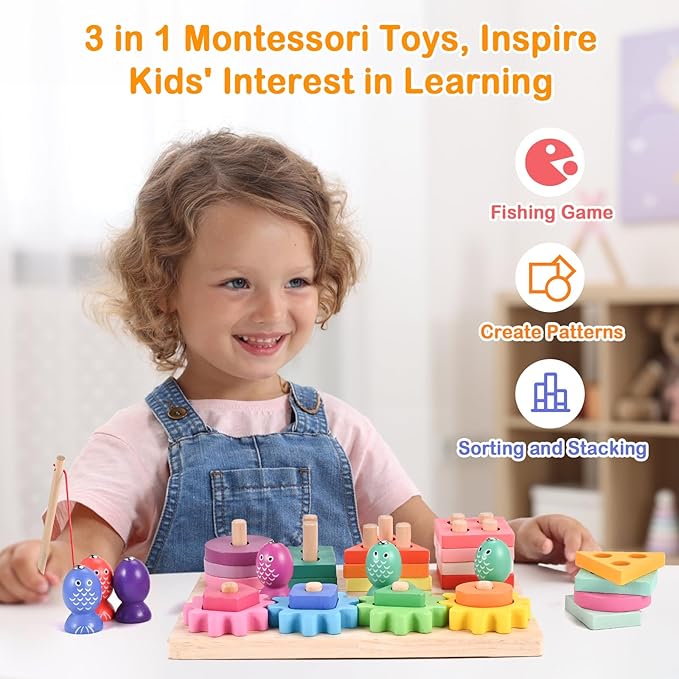 Montessori Toys for 3 4 5 Years Old Toddlers, Wooden Sorting & Stacking Toys, Shape Sorter and Color Stacker Preschool Kids Gifts, 3-in-1 Educational Toy Gift for Baby Boys Girls