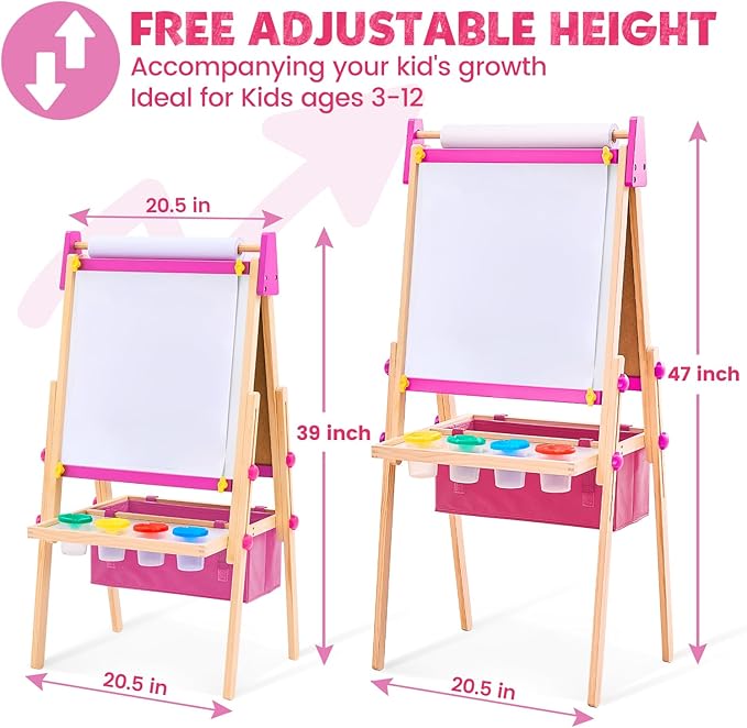 Art Easel for Kids Easel for Toddlers, Adjustable Wooden Kids Drawing Easel with Magnetic Whiteboard & Chalkboard, Kids Dry Erase Board, Easel for Kids Ages 3 4-8 9-12, Pink w/Bag