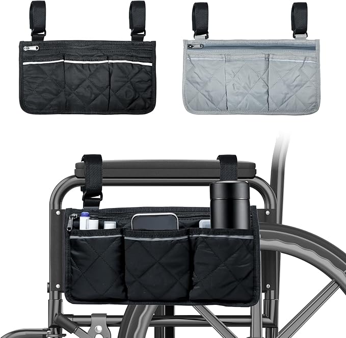 2 Pack Wheelchair Side Bag, Armrest Pouch with Reflective Stripe, Detachable Rollator Bag Wheelchair Pouch Side Pocket Organizer Bags for Wheelchairs, Walkers or Rollators (Black Gray)