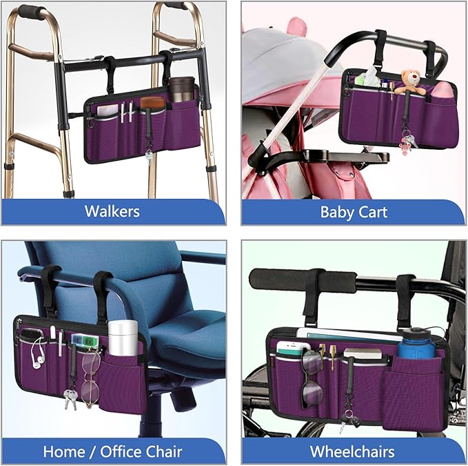 FINPAC Wheelchair Side Storage Bag w/Cup Holder, Wheelchair Armrest Accessories Pouch with Pen Slot and Reflective Strips for Power Walkers, Rollators, Seniors - Purple