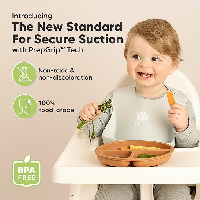 KeaBabies Suction Plates for Baby, Toddler - 3-Pack 100% Silicone Toddler Plates, Divided Baby Plates with Suction, Silicone Plates for Baby, Kids, BPA-Free, Microwave, Dishwasher Safe (Terracotta)