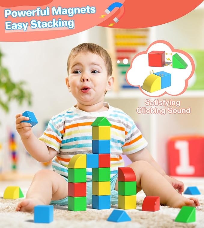 Magnetic Blocks for Toddlers, Kids Building Toys, Creative Stacking Colorful Sensory Block with Magnet, Educational Construction Cubes Set for Boys Girls Children Ages 3 4 5 6 7 8 Year