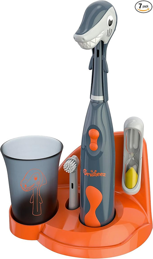 Brusheez Kids’ Electric Toothbrush Set - Safe & Effective for Ages 3+ - Parent Tested & Approved with Gentle Bristles, 2 Brush Heads, Rinse Cup, 2-Minute Timer, & Storage Base (Shadow The Shark)