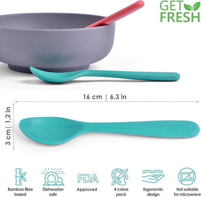 GET FRESH Bamboo Kids Spoons Set – 4-pack Colorful Bamboo Kids Cutlery for Everyday Use – Reusable Bamboo Fiber Kids Spoons for Baby Feeding – Large Bamboo Utensils for Toddlers and School Children