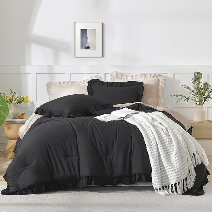 Andency Twin Size Comforter Set Black, 2 Pieces Kids Bedding Comforter Set for Twin Bed, Ruffle Farmhouse Shabby Chic Soft Microfiber Bed Set for Boys