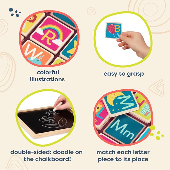 B. Toys- Magnetic Alphabetic- Wooden Alphabet Puzzle – Double-Sided Puzzle & Chalkboard – 26 Magnetic Letter Pieces – 2-in-1 Puzzle for Kids – 3 Years +